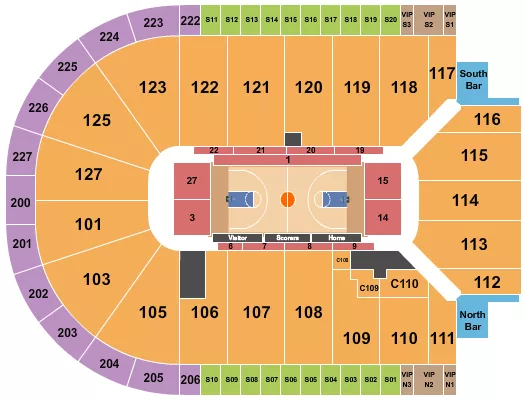 Basketball - Preseason Seating Chart at Acrisure Arena. The chart shows the main floor/stage with seating options surrounding it, which are color coded