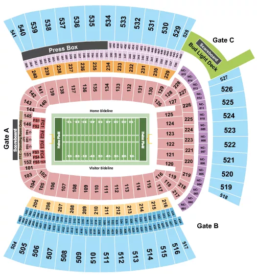 Football NO VFS Seating Chart at Acrisure Stadium. The chart shows the main floor/stage with seating options surrounding it, which are color coded