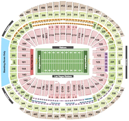 Football Rows - NFL Seating Chart at Allegiant Stadium. The chart shows the main floor/stage with seating options surrounding it, which are color coded