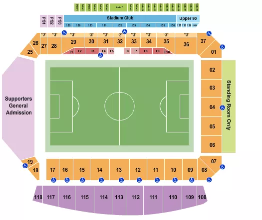 Soccer 3 Seating Chart at Allianz Field. The chart shows the main floor/stage with seating options surrounding it, which are color coded
