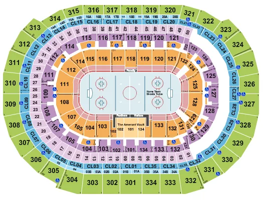 Hockey Seating Chart at Amerant Bank Arena. The chart shows the main floor/stage with seating options surrounding it, which are color coded
