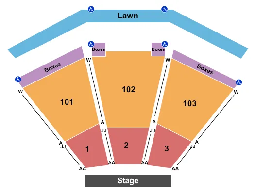 End Stage 2 Seating Chart at Ascend Amphitheater. The chart shows the main floor/stage with seating options surrounding it, which are color coded