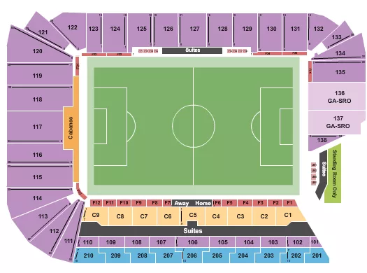 Soccer 2 Seating Chart at Audi Field. The chart shows the main floor/stage with seating options surrounding it, which are color coded