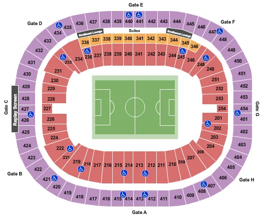 Soccer Seating Chart at BC Place Stadium. The chart shows the main floor/stage with seating options surrounding it, which are color coded