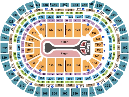Benson Boone Seating Chart at Ball Arena. The chart shows the main floor/stage with seating options surrounding it, which are color coded