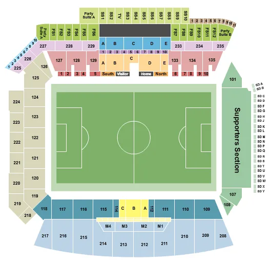 Soccer Seating Chart at BMO Stadium. The chart shows the main floor/stage with seating options surrounding it, which are color coded