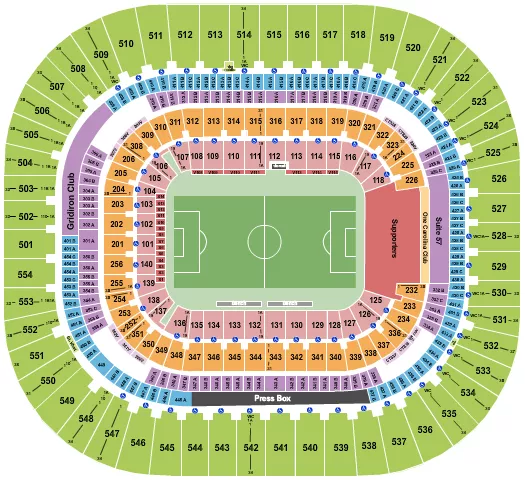 Soccer 2 Seating Chart at Bank Of America Stadium. The chart shows the main floor/stage with seating options surrounding it, which are color coded