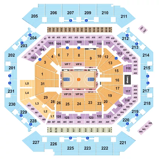 Basketball Row Seating Chart at Barclays Center. The chart shows the main floor/stage with seating options surrounding it, which are color coded