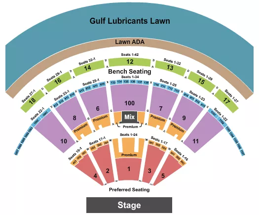 Endstage 2 Seating Chart at Bethel Woods Center For The Arts. The chart shows the main floor/stage with seating options surrounding it, which are color coded