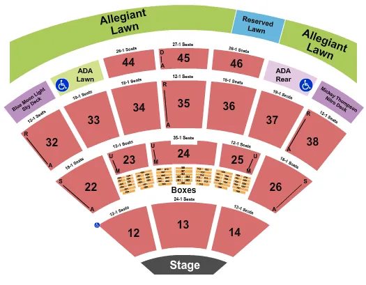 Endstage 2 Seating Chart at Blossom Music Center. The chart shows the main floor/stage with seating options surrounding it, which are color coded