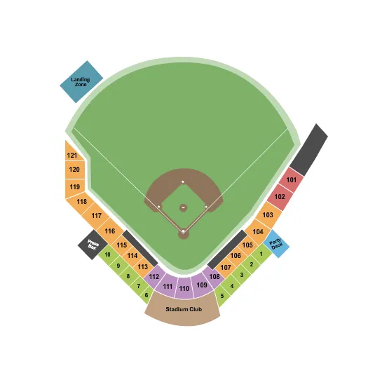 Baseball Seating Chart at Bowling Green Ballpark. The chart shows the main floor/stage with seating options surrounding it, which are color coded
