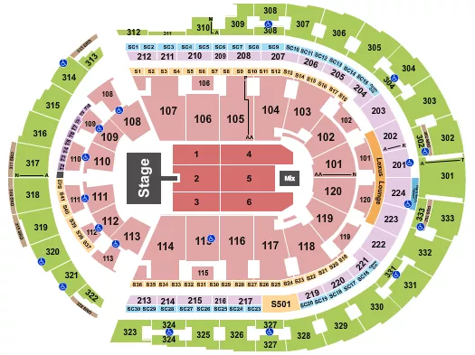 85 South Seating Chart at Bridgestone Arena. The chart shows the main floor/stage with seating options surrounding it, which are color coded