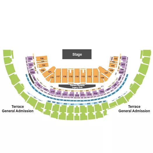 Battle of the Bands Seating Chart at Caesars Superdome. The chart shows the main floor/stage with seating options surrounding it, which are color coded