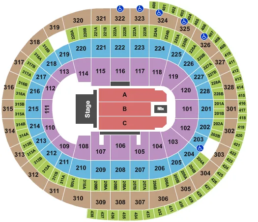 Bryan Adams Seating Chart at Canadian Tire Centre. The chart shows the main floor/stage with seating options surrounding it, which are color coded