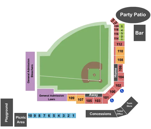 Baseball Seating Chart at CarShield Field. The chart shows the main floor/stage with seating options surrounding it, which are color coded