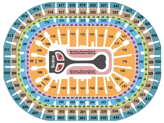 Benson Boone Seating Chart at Centre Bell. The chart shows the main floor/stage with seating options surrounding it, which are color coded