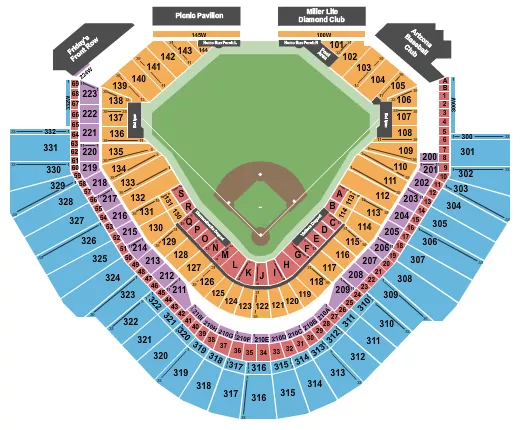 Baseball Seating Chart at Chase Field. The chart shows the main floor/stage with seating options surrounding it, which are color coded