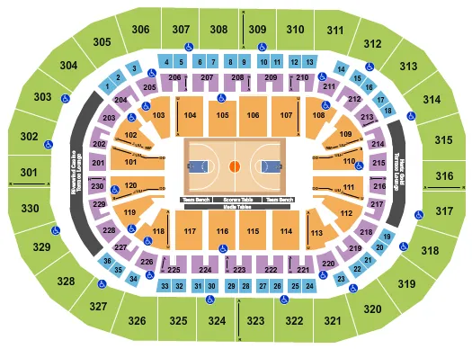 Basketball 3 Seating Chart at Paycom Center. The chart shows the main floor/stage with seating options surrounding it, which are color coded