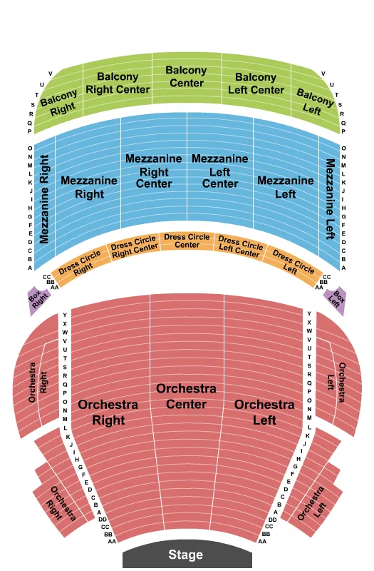 End Stage Seating Chart at Citizens Bank Opera House. The chart shows the main floor/stage with seating options surrounding it, which are color coded