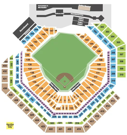 Baseball Seating Chart at Citizens Bank Park. The chart shows the main floor/stage with seating options surrounding it, which are color coded