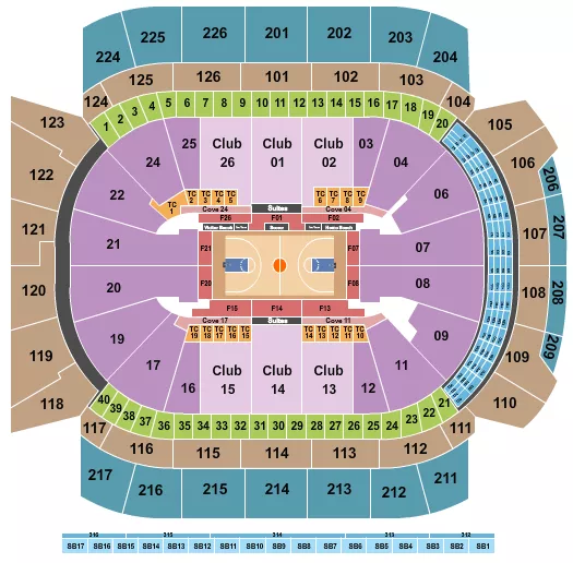 Basketball 2 Seating Chart at Climate Pledge Arena. The chart shows the main floor/stage with seating options surrounding it, which are color coded