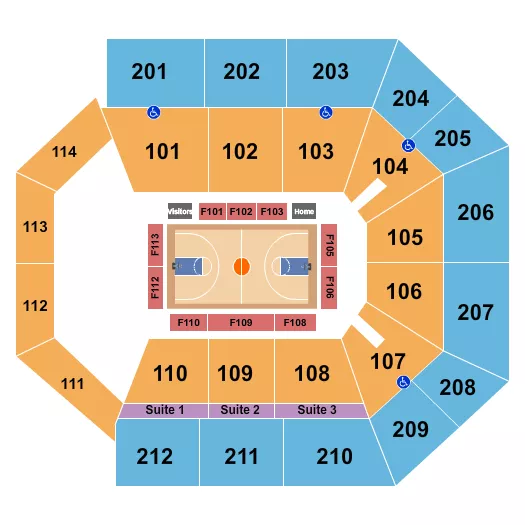 Basketball - Wings Seating Chart at College Park Center. The chart shows the main floor/stage with seating options surrounding it, which are color coded