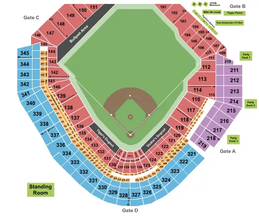 Baseball Seating Chart at Comerica Park. The chart shows the main floor/stage with seating options surrounding it, which are color coded
