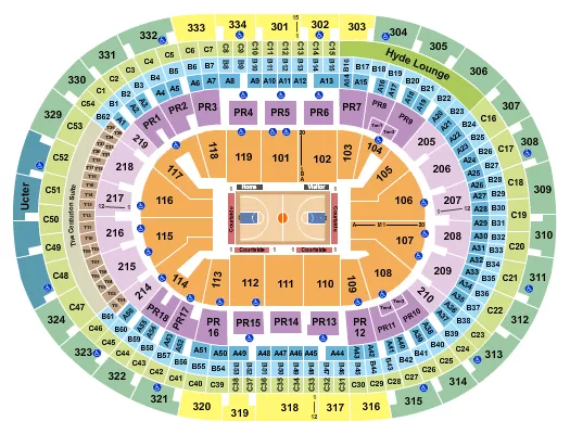 Basketball Seating Chart at Crypto.com Arena. The chart shows the main floor/stage with seating options surrounding it, which are color coded