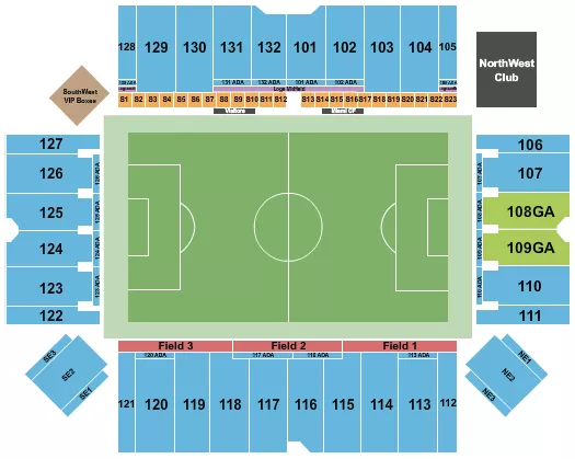 Soccer 2 Seating Chart at Chase Stadium. The chart shows the main floor/stage with seating options surrounding it, which are color coded