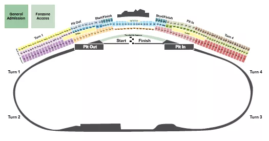 Daytona 500 Seating Chart at Daytona International Speedway. The chart shows the main floor/stage with seating options surrounding it, which are color coded