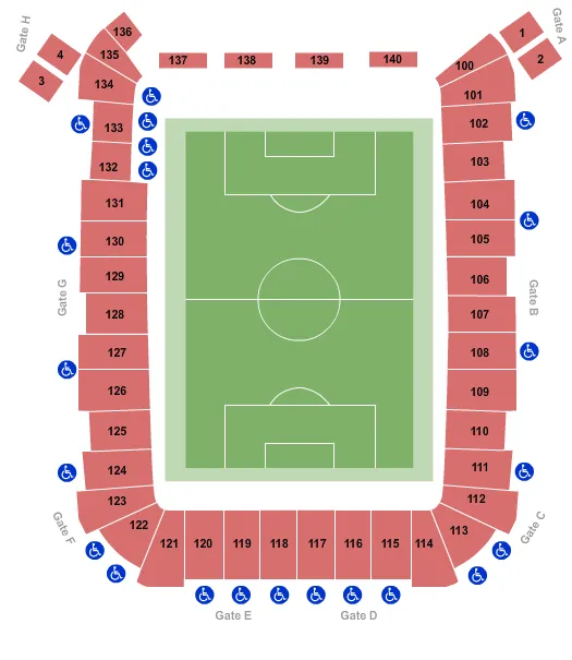 Soccer Seating Chart at Dick's Sporting Goods Park. The chart shows the main floor/stage with seating options surrounding it, which are color coded