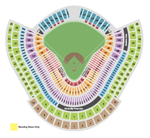 Baseball Seating Chart at Dodger Stadium. The chart shows the main floor/stage with seating options surrounding it, which are color coded