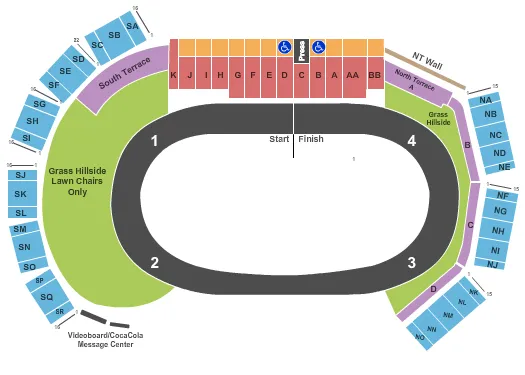 Nascar Racing Seating Chart at Eldora Speedway. The chart shows the main floor/stage with seating options surrounding it, which are color coded