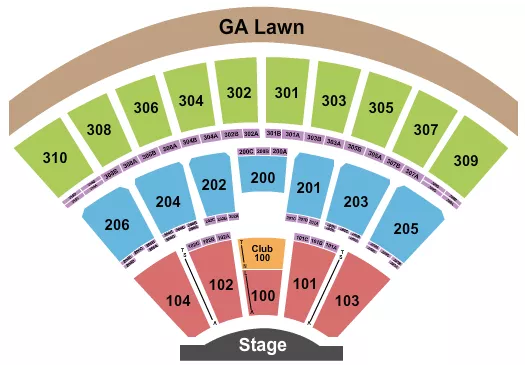 Endstage 3 Seating Chart at Empower Federal Credit Union Amphitheater at Lakeview. The chart shows the main floor/stage with seating options surrounding it, which are color coded