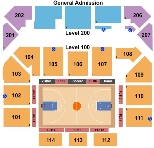 Basketball Seating Chart at CareFirst Arena. The chart shows the main floor/stage with seating options surrounding it, which are color coded