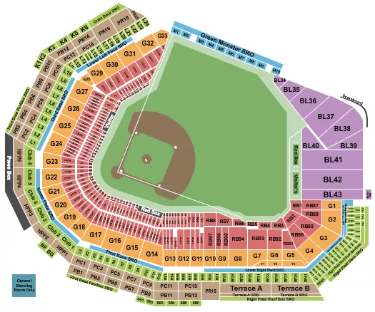 Baseball RW VFS Seating Chart at Fenway Park. The chart shows the main floor/stage with seating options surrounding it, which are color coded
