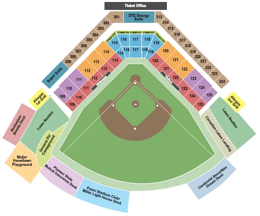 Baseball Seating Chart at LMCU Ballpark. The chart shows the main floor/stage with seating options surrounding it, which are color coded