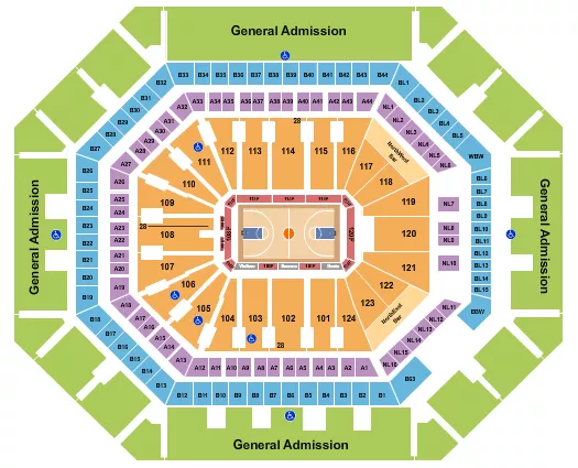 Basketball - Mercury Seating Chart at PHX Arena. The chart shows the main floor/stage with seating options surrounding it, which are color coded