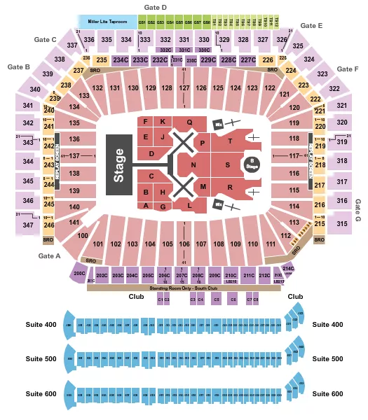 Chris Brown Seating Chart at Ford Field. The chart shows the main floor/stage with seating options surrounding it, which are color coded