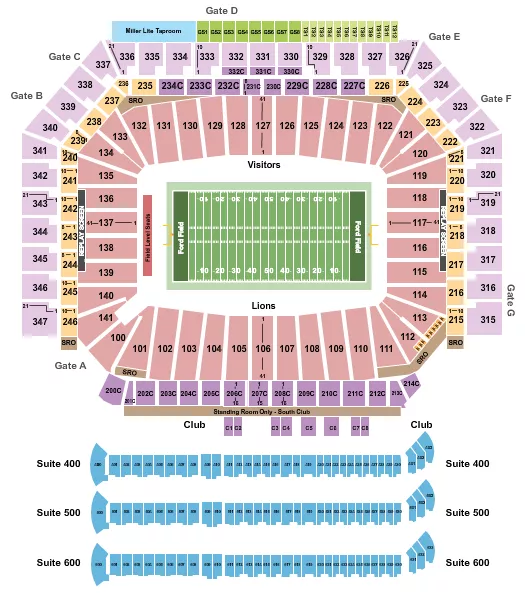 Football 2 Seating Chart at Ford Field. The chart shows the main floor/stage with seating options surrounding it, which are color coded