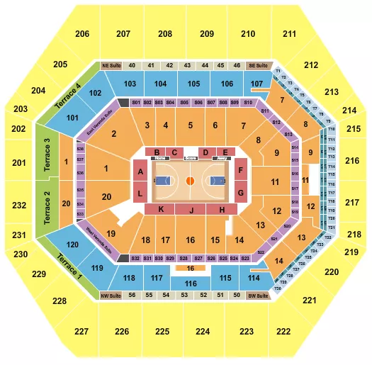 Basketball 2 Seating Chart at Gainbridge Fieldhouse. The chart shows the main floor/stage with seating options surrounding it, which are color coded