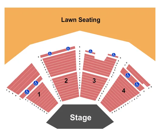 End Stage Seating Chart at Gerald R. Ford Amphitheater. The chart shows the main floor/stage with seating options surrounding it, which are color coded