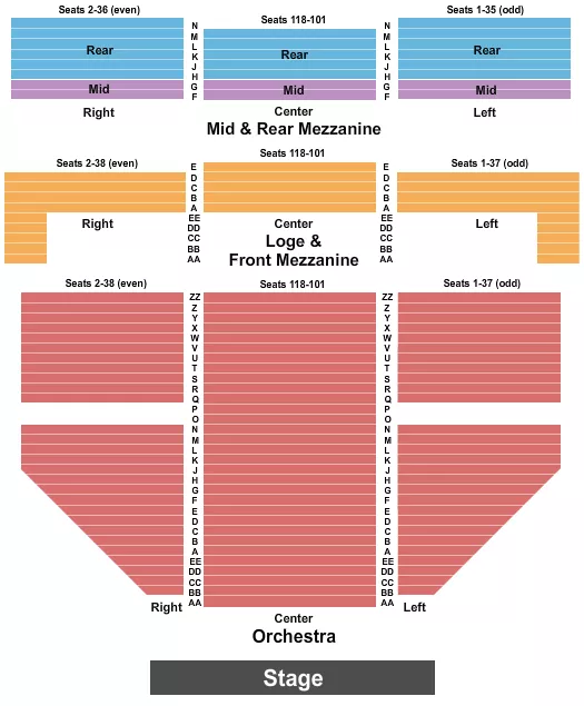 Endstage 1 Seating Chart at Gershwin Theatre. The chart shows the main floor/stage with seating options surrounding it, which are color coded