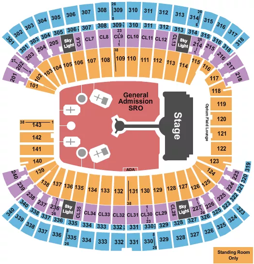 Coldplay 2 Seating Chart at Gillette Stadium. The chart shows the main floor/stage with seating options surrounding it, which are color coded
