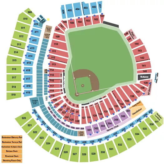 Baseball Seating Chart at Great American Ball Park. The chart shows the main floor/stage with seating options surrounding it, which are color coded