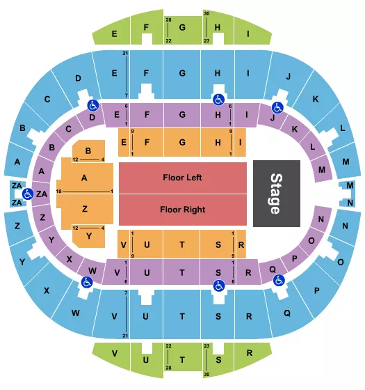 Endstage 6 Seating Chart at Hampton Coliseum. The chart shows the main floor/stage with seating options surrounding it, which are color coded