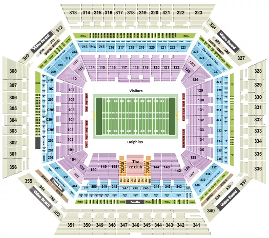 Football Dolphins Row Seating Chart at Hard Rock Stadium. The chart shows the main floor/stage with seating options surrounding it, which are color coded