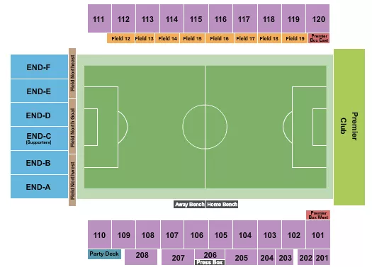 Soccer Seating Chart at Heart Health Park. The chart shows the main floor/stage with seating options surrounding it, which are color coded