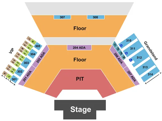 Endstage GA Floor/GA Pit 2 Seating Chart at Huntington Bank Pavilion at Northerly Island. The chart shows the main floor/stage with seating options surrounding it, which are color coded