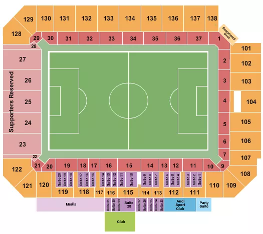 Soccer 2 Seating Chart at Inter&Co Stadium. The chart shows the main floor/stage with seating options surrounding it, which are color coded